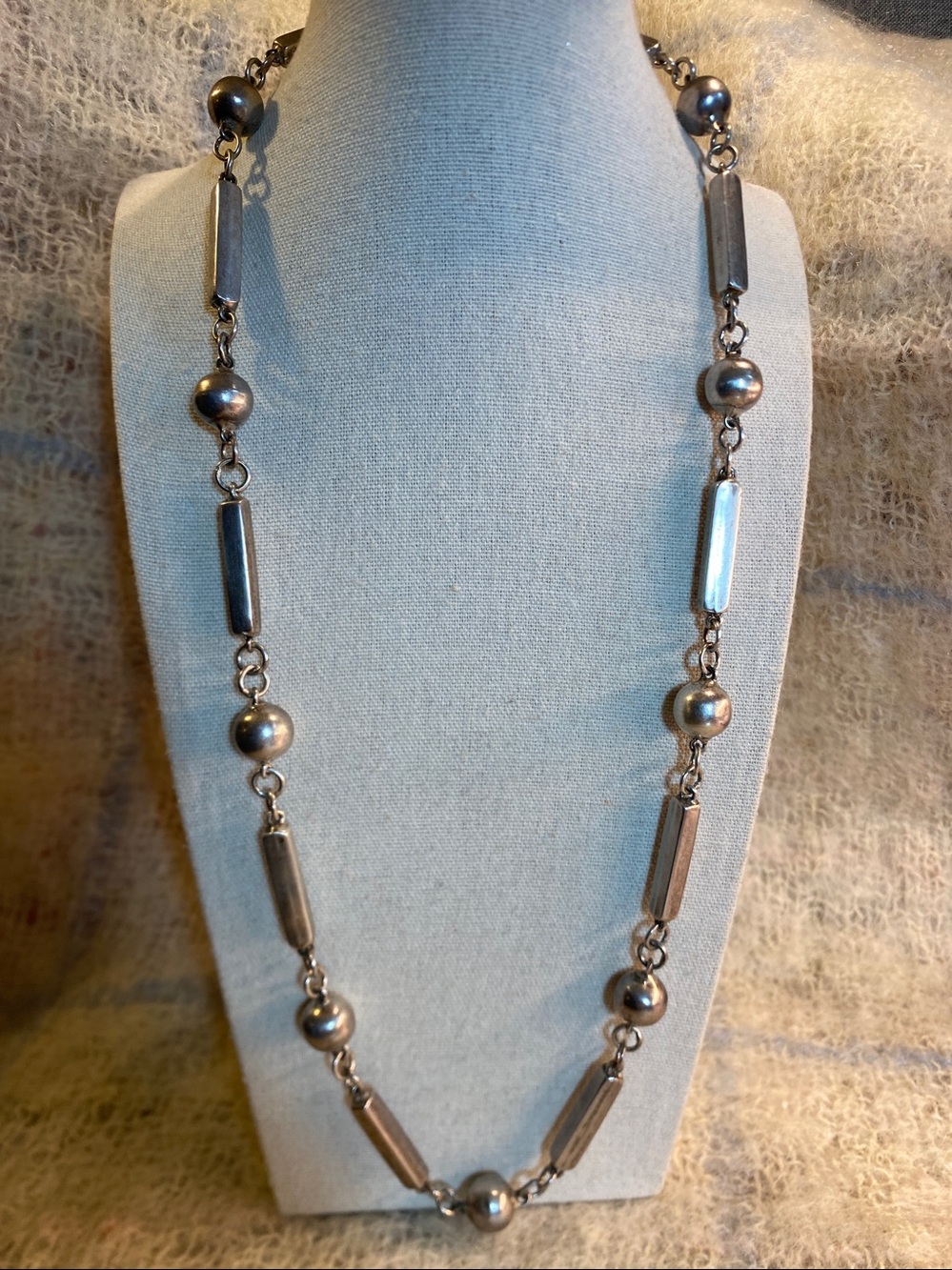 Vintage Taxco Sterling Silver Handmade Bead & Bar Necklace 48.8g